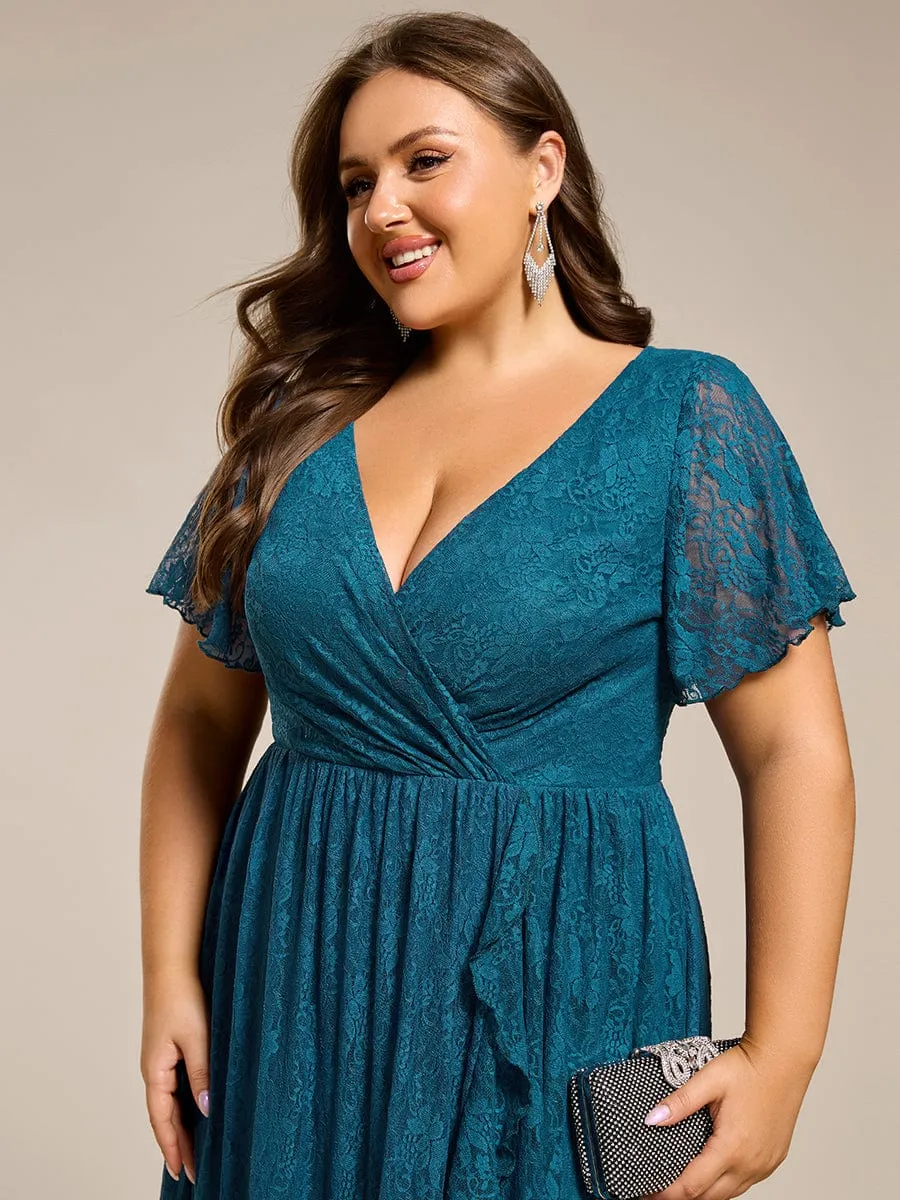 V-Neck Short Sleeve Pleated Ruffled Lace Evening Dress