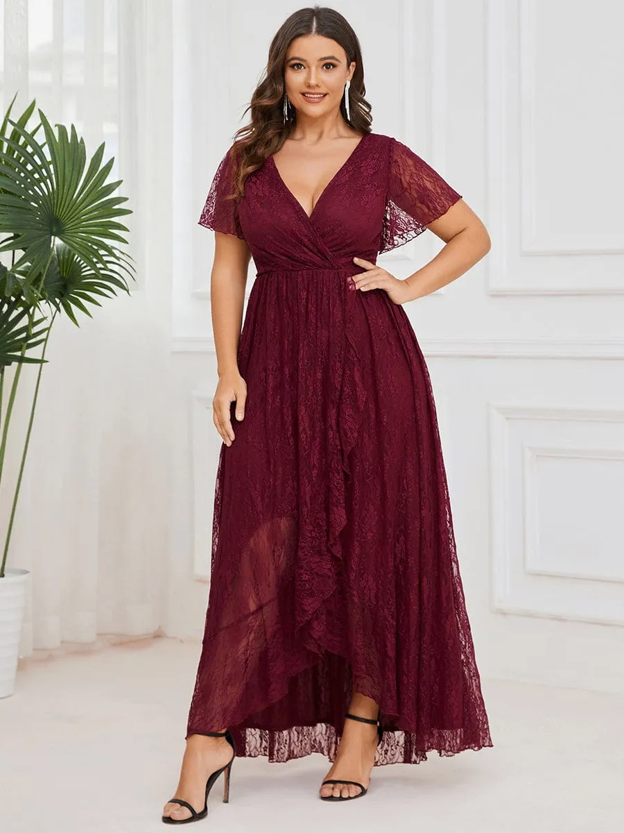 V-Neck Short Sleeve Pleated Ruffled Lace Evening Dress