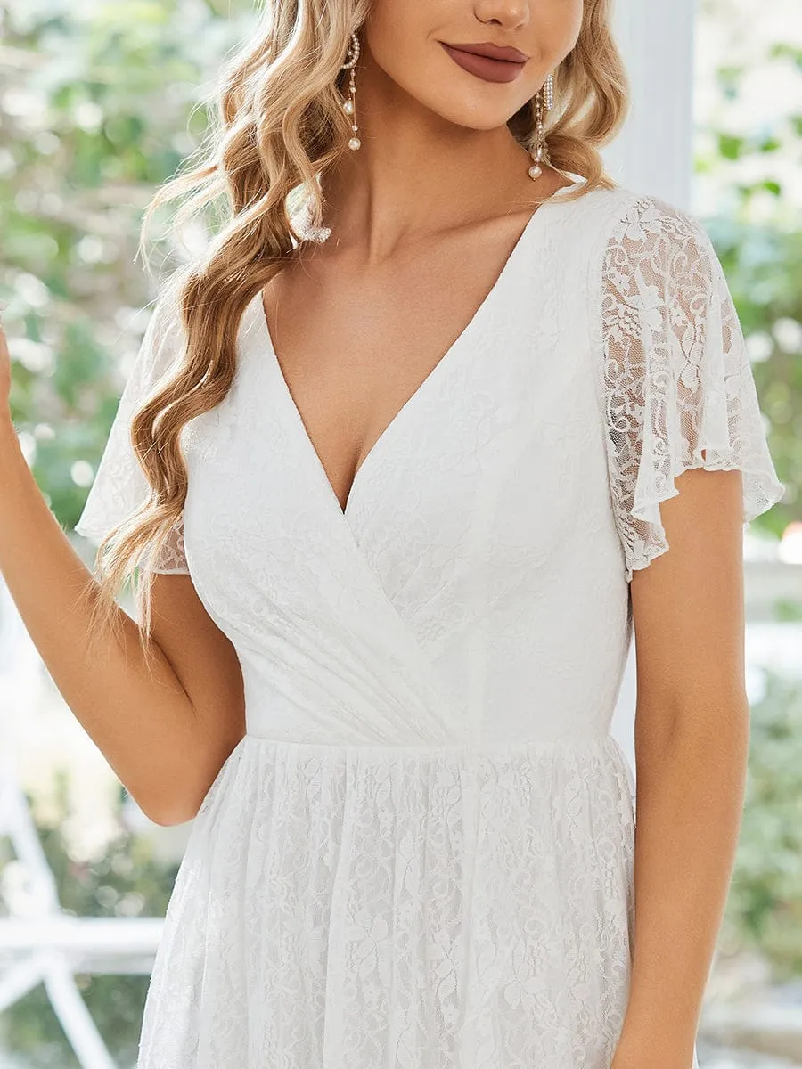 V-Neck Short Sleeve Pleated Ruffled Lace Evening Dress