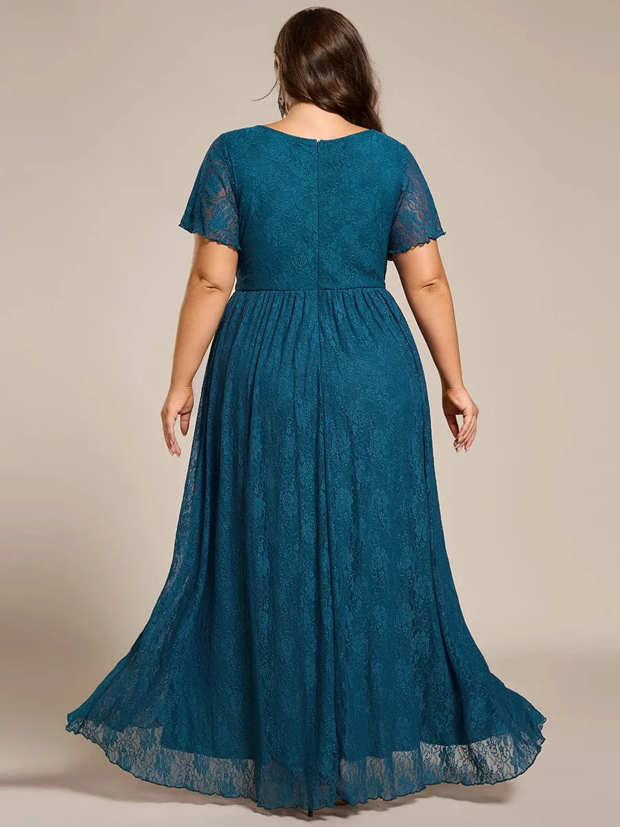 V-Neck Short Sleeve Pleated Ruffled Lace Evening Dress