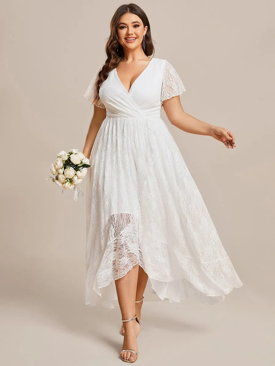 V-Neck Short Sleeve Pleated Ruffled Lace Evening Dress