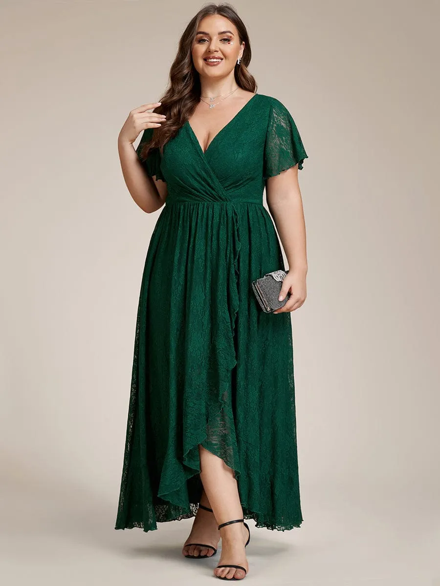 V-Neck Short Sleeve Pleated Ruffled Lace Evening Dress