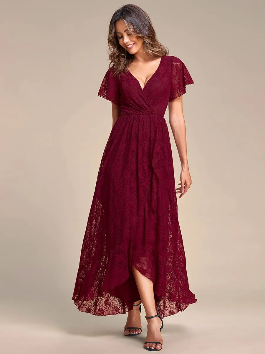 V-Neck Short Sleeve Pleated Ruffled Lace Evening Dress