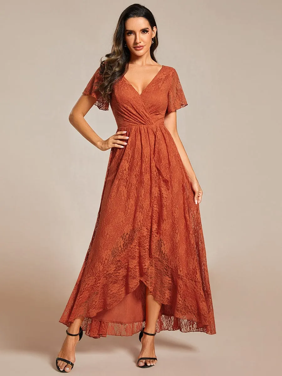 V-Neck Short Sleeve Pleated Ruffled Lace Evening Dress