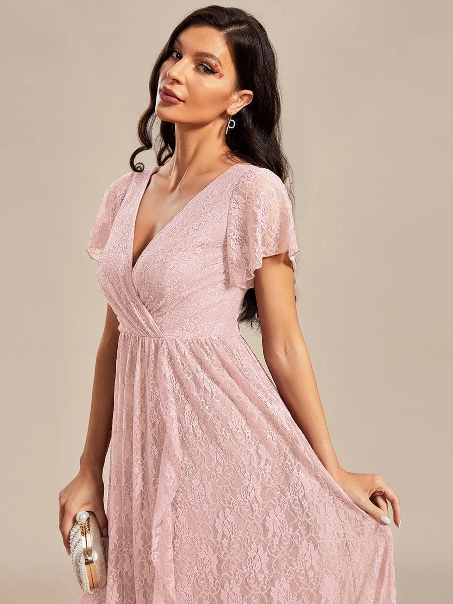 V-Neck Short Sleeve Pleated Ruffled Lace Evening Dress