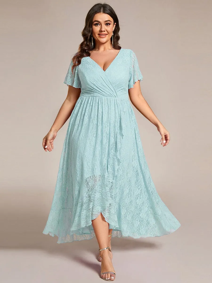V-Neck Short Sleeve Pleated Ruffled Lace Evening Dress