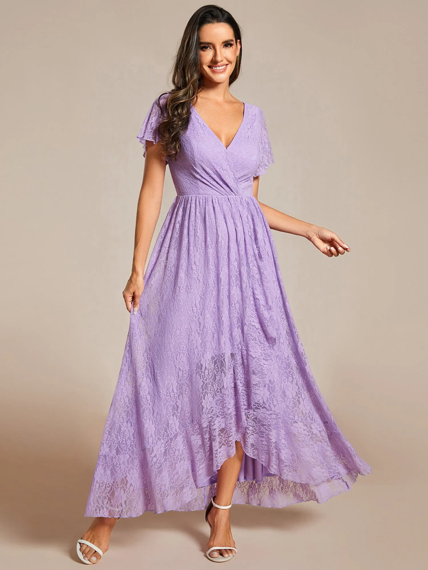 V-Neck Short Sleeve Pleated Ruffled Lace Evening Dress