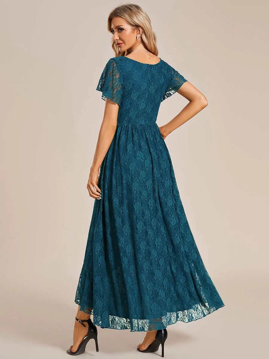 V-Neck Short Sleeve Pleated Ruffled Lace Evening Dress