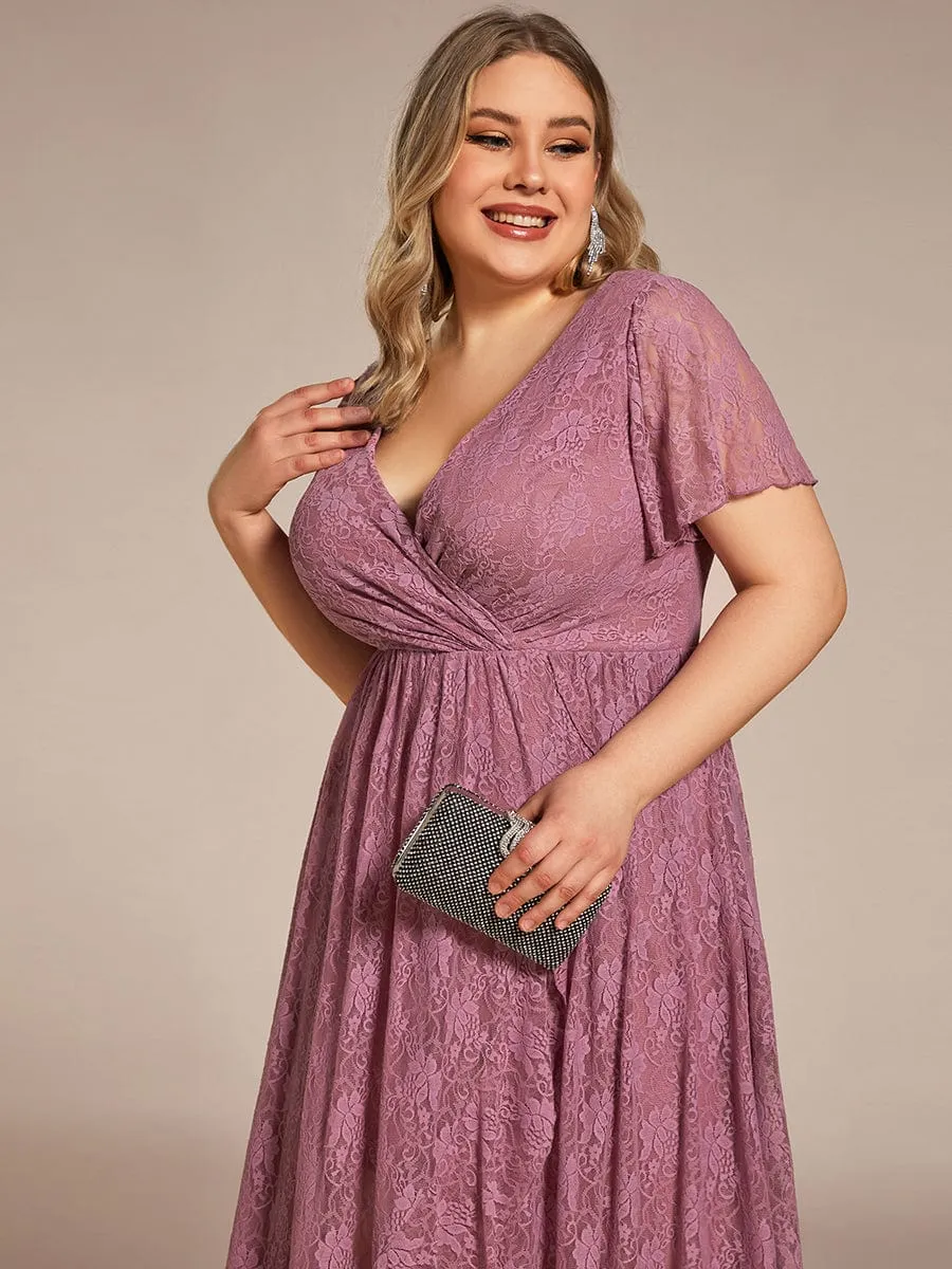 V-Neck Short Sleeve Pleated Ruffled Lace Evening Dress