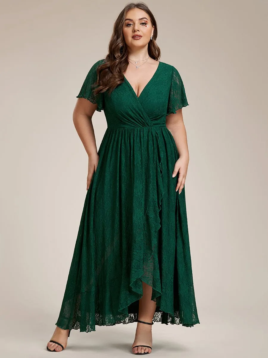 V-Neck Short Sleeve Pleated Ruffled Lace Evening Dress