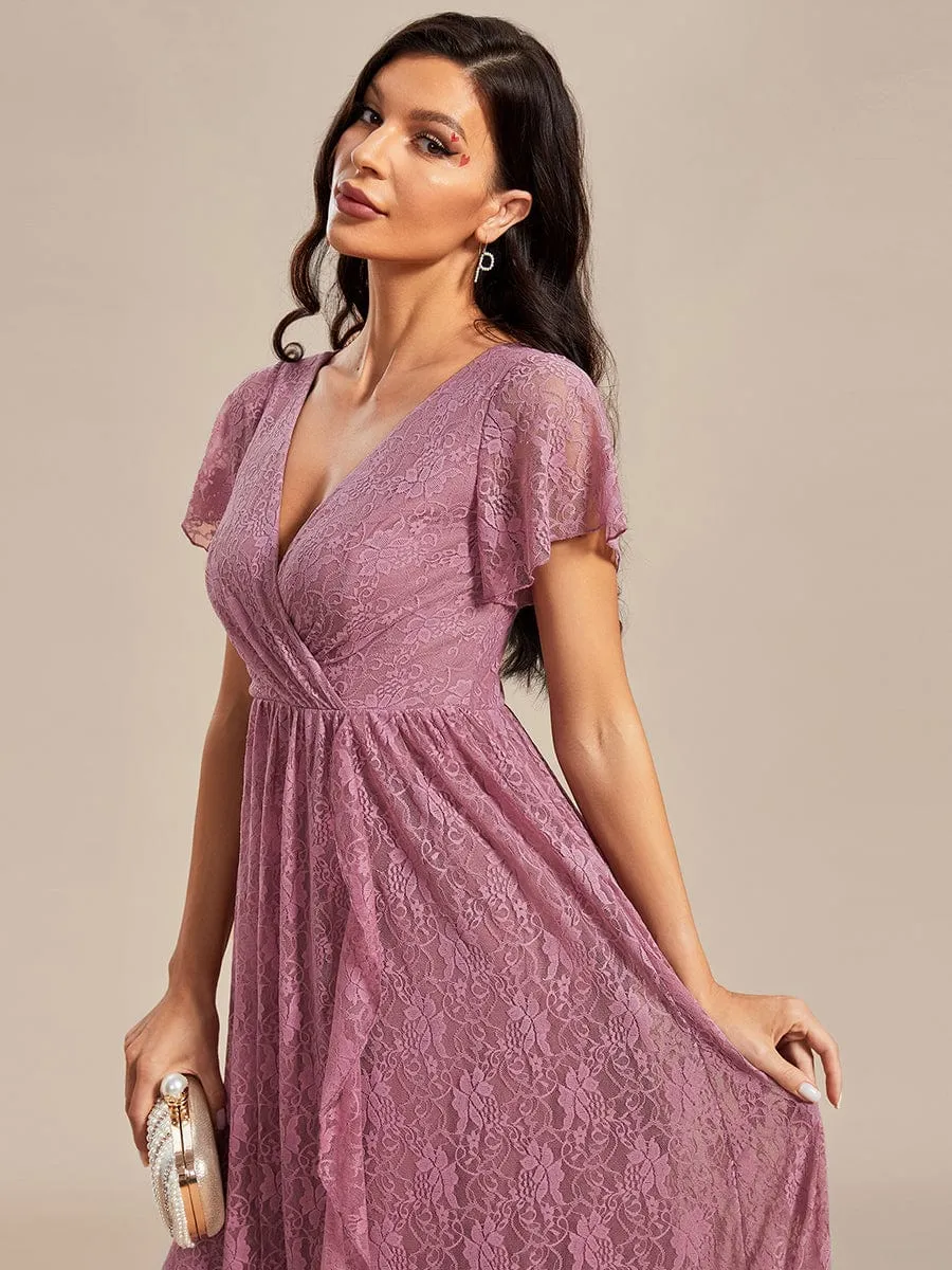 V-Neck Short Sleeve Pleated Ruffled Lace Evening Dress