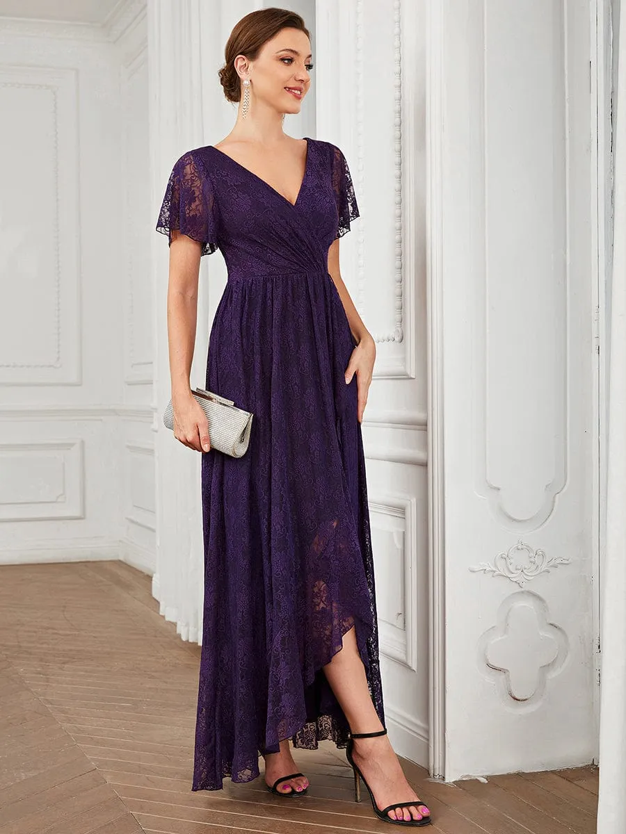 V-Neck Short Sleeve Pleated Ruffled Lace Evening Dress