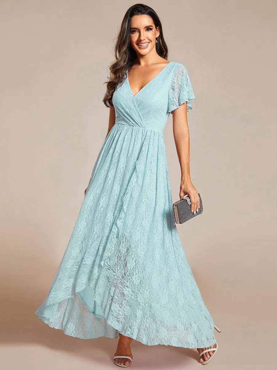 V-Neck Short Sleeve Pleated Ruffled Lace Evening Dress