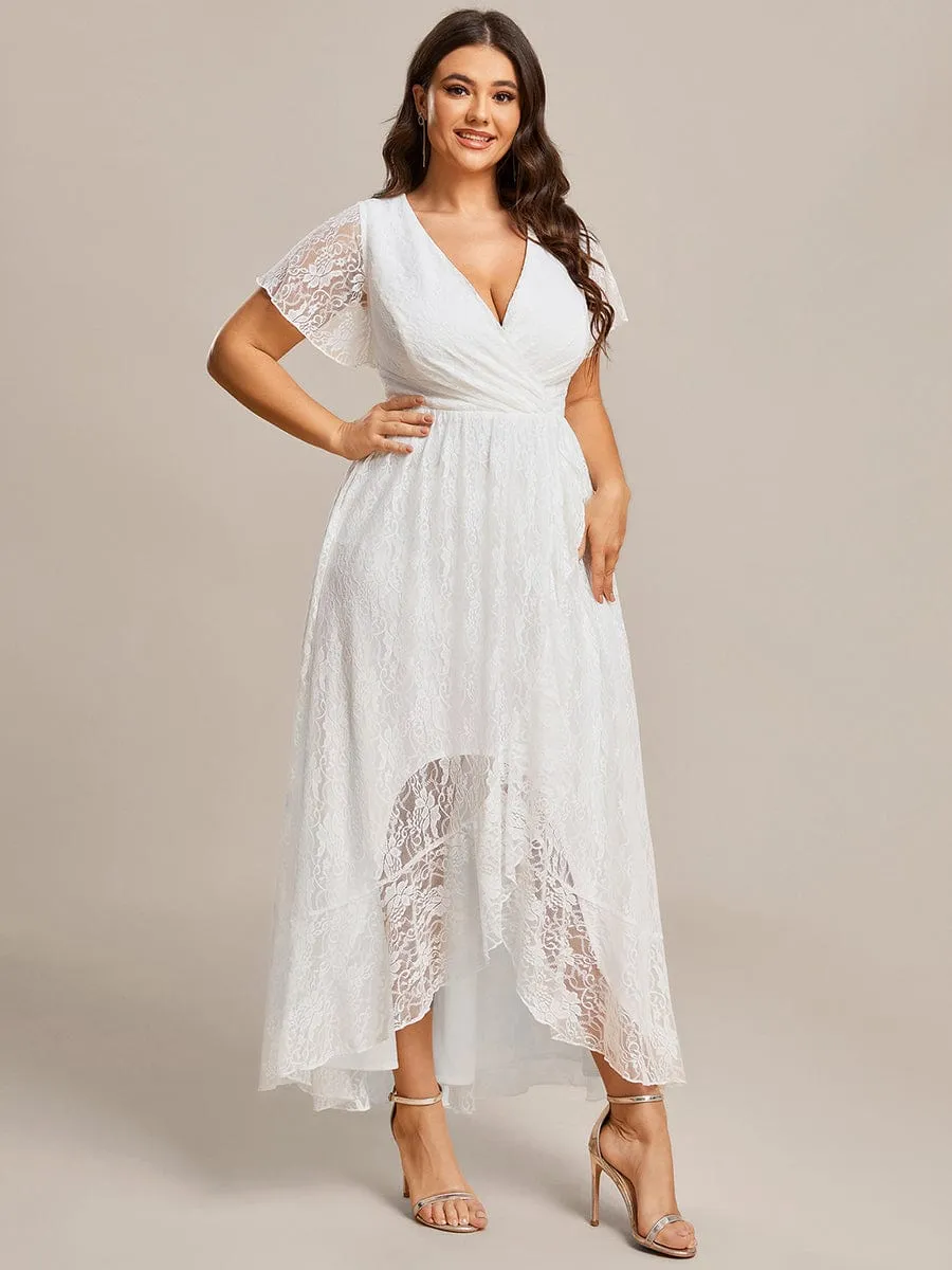 V-Neck Short Sleeve Pleated Ruffled Lace Evening Dress