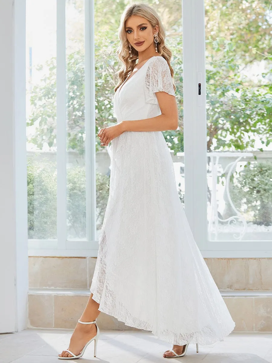 V-Neck Short Sleeve Pleated Ruffled Lace Evening Dress