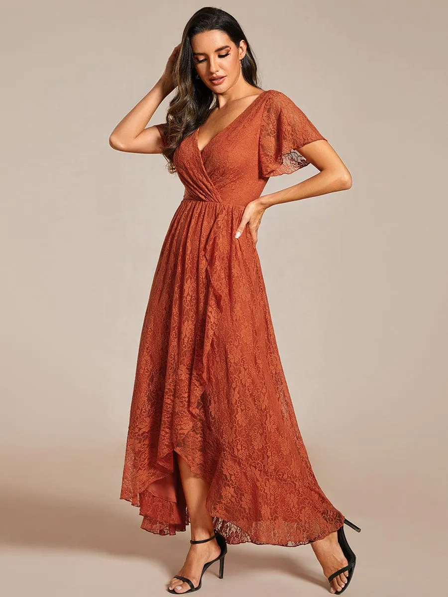 V-Neck Short Sleeve Pleated Ruffled Lace Evening Dress