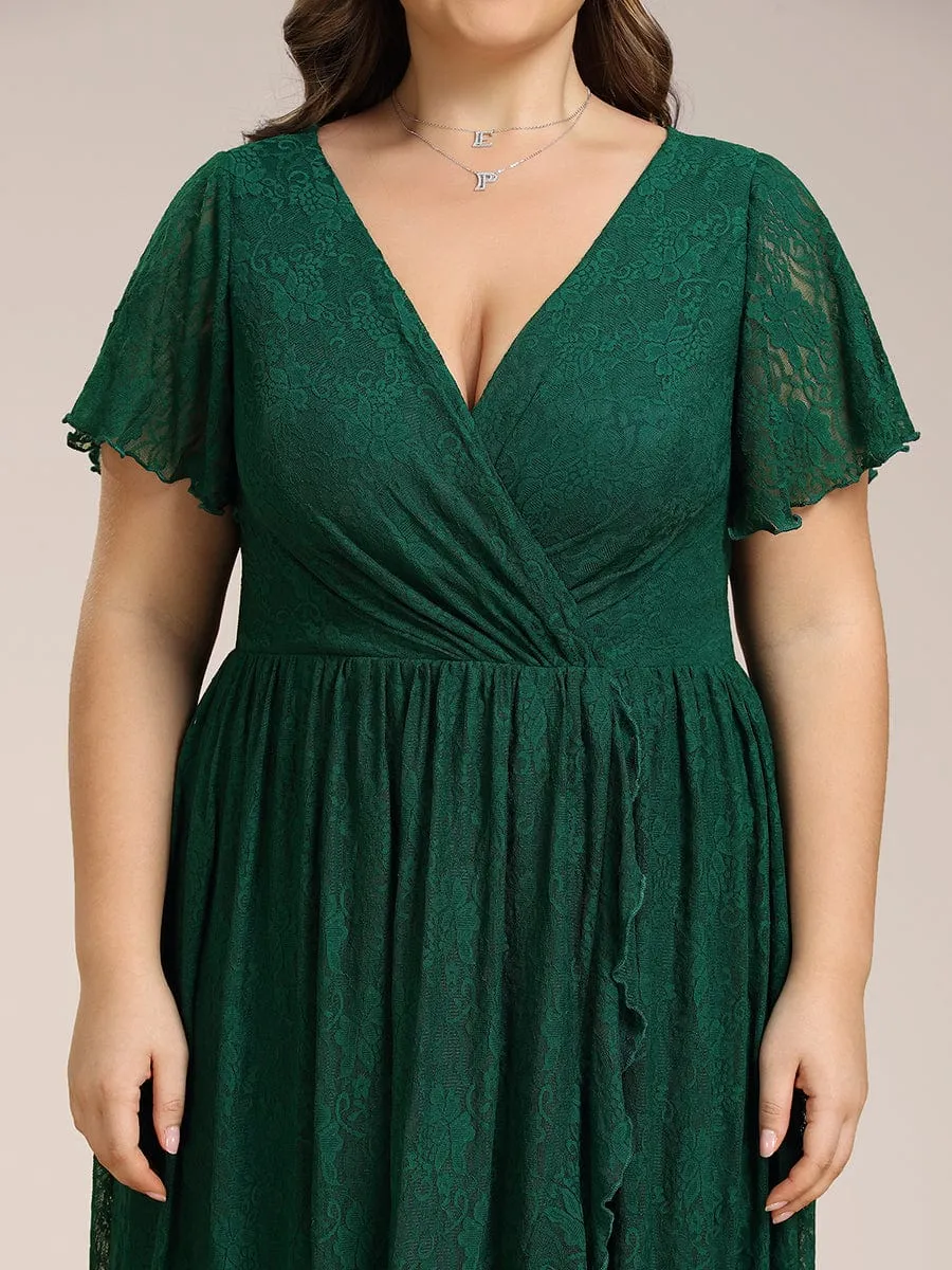 V-Neck Short Sleeve Pleated Ruffled Lace Evening Dress
