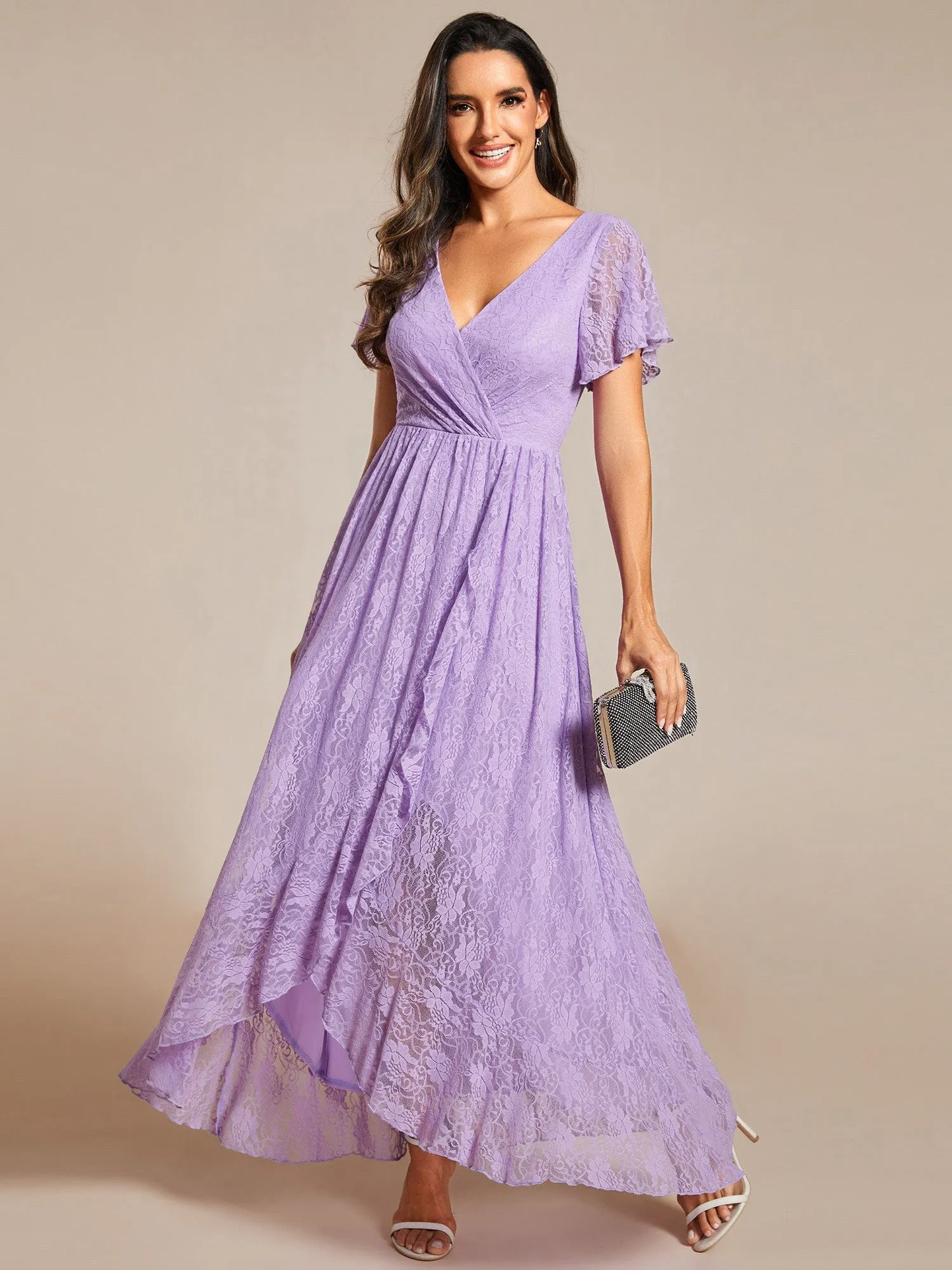 V-Neck Short Sleeve Pleated Ruffled Lace Evening Dress