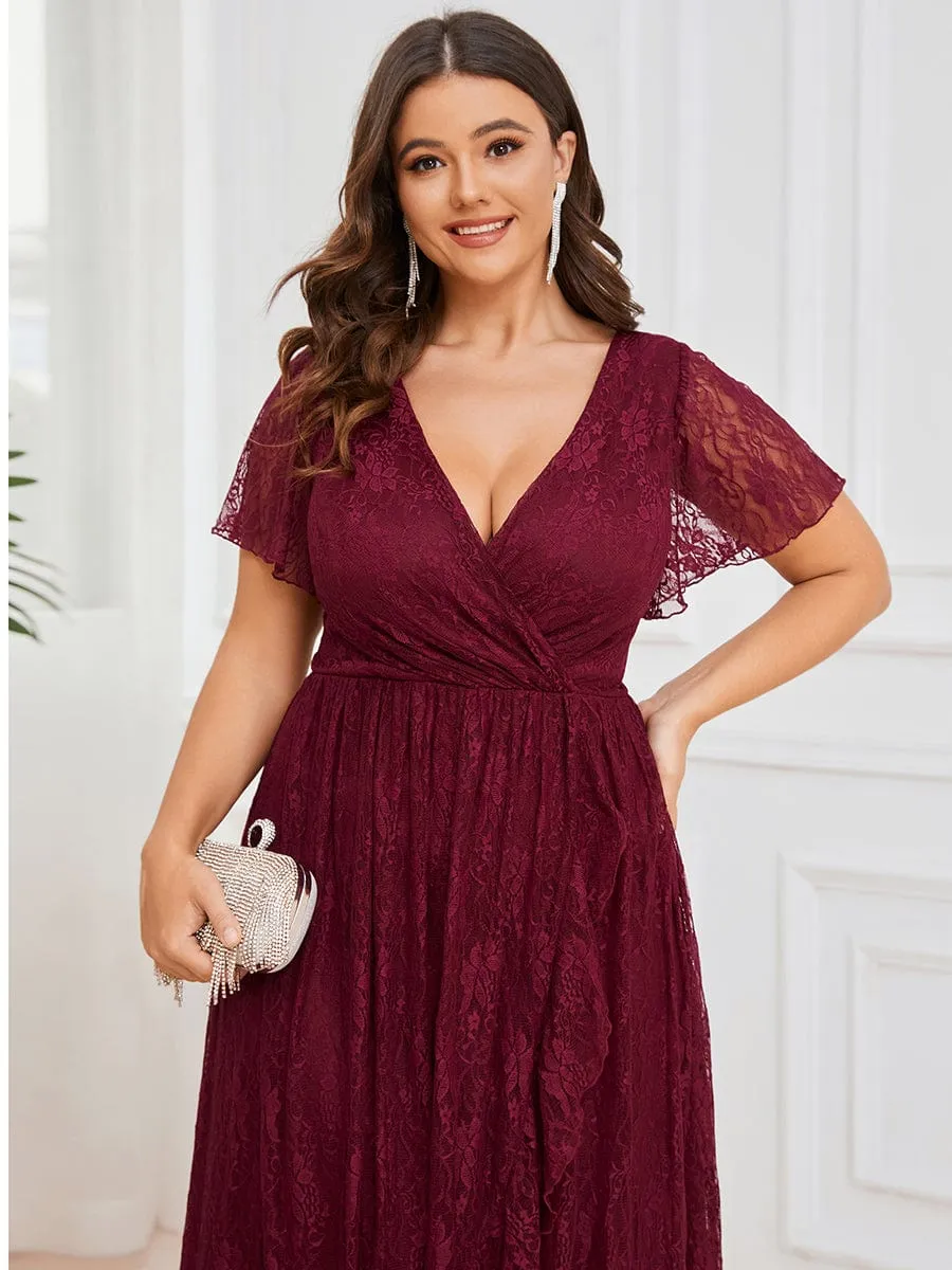 V-Neck Short Sleeve Pleated Ruffled Lace Evening Dress