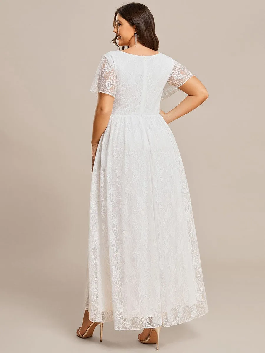 V-Neck Short Sleeve Pleated Ruffled Lace Evening Dress