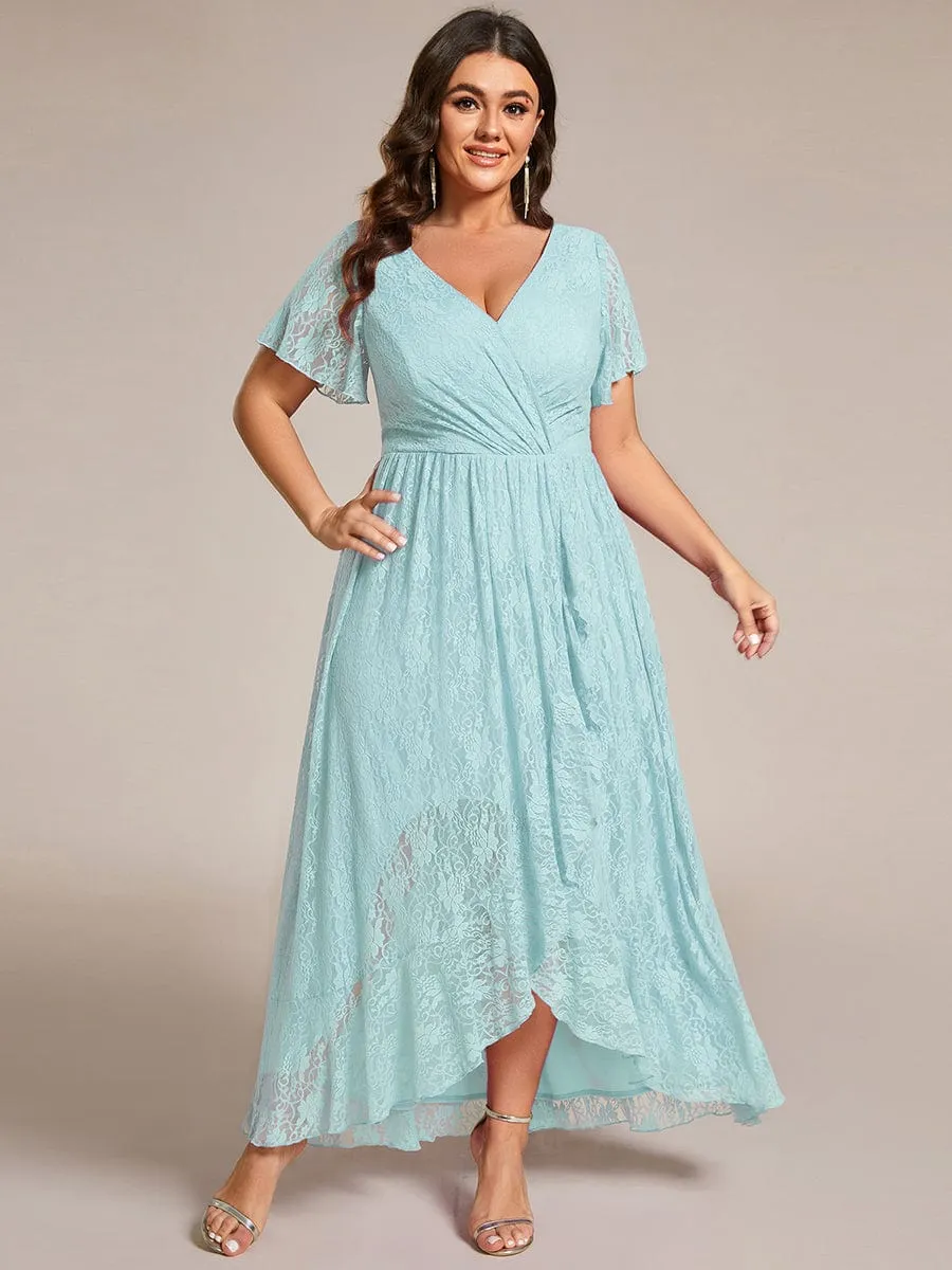 V-Neck Short Sleeve Pleated Ruffled Lace Evening Dress