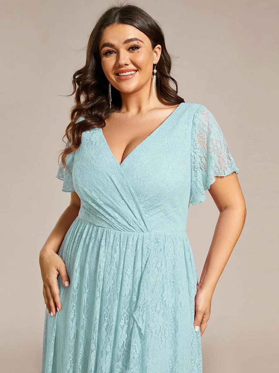 V-Neck Short Sleeve Pleated Ruffled Lace Evening Dress