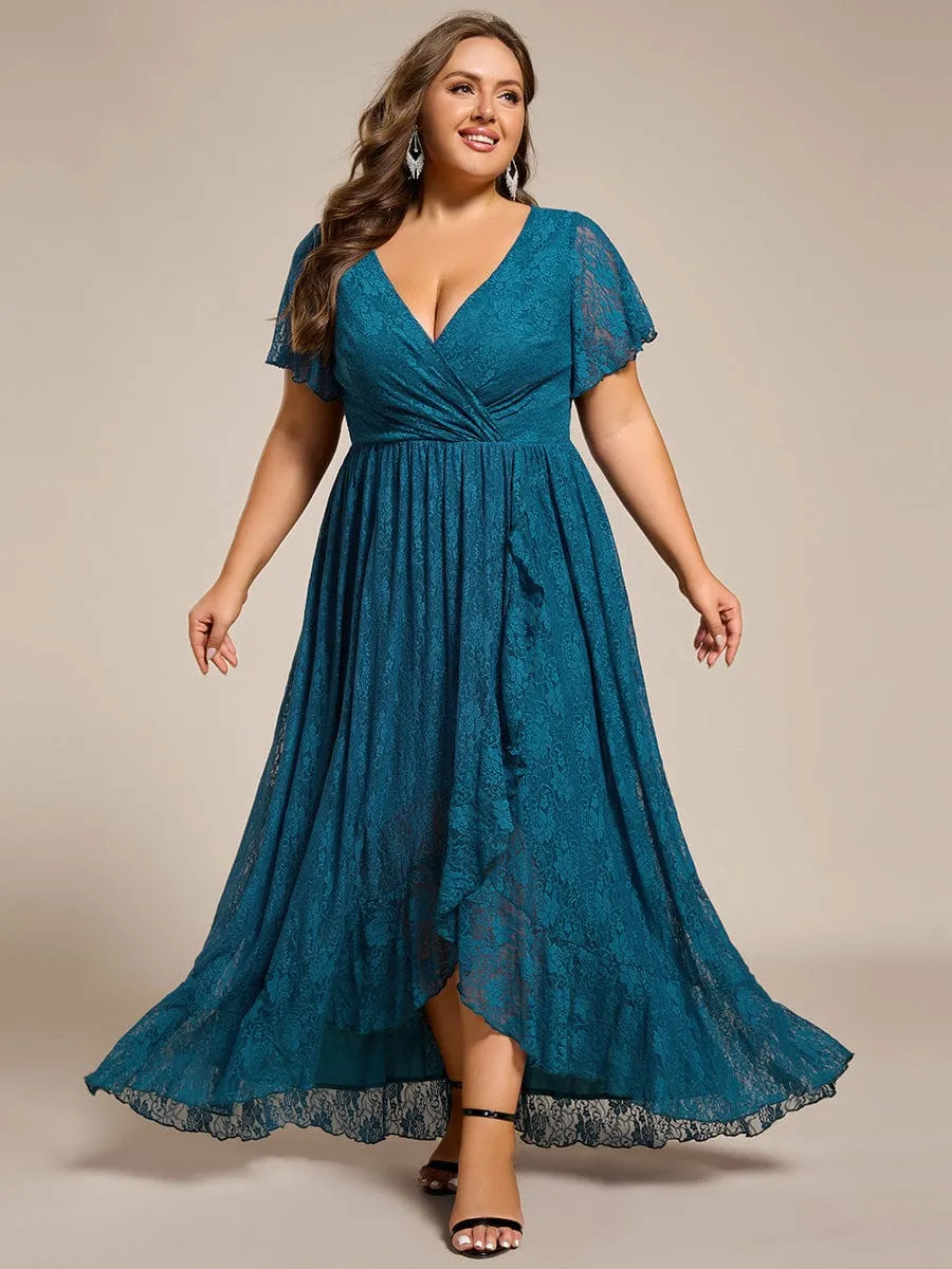 V-Neck Short Sleeve Pleated Ruffled Lace Evening Dress