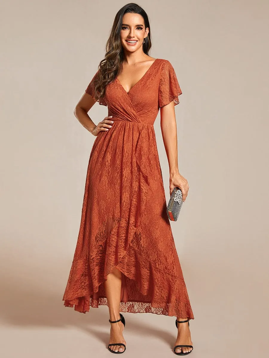 V-Neck Short Sleeve Pleated Ruffled Lace Evening Dress