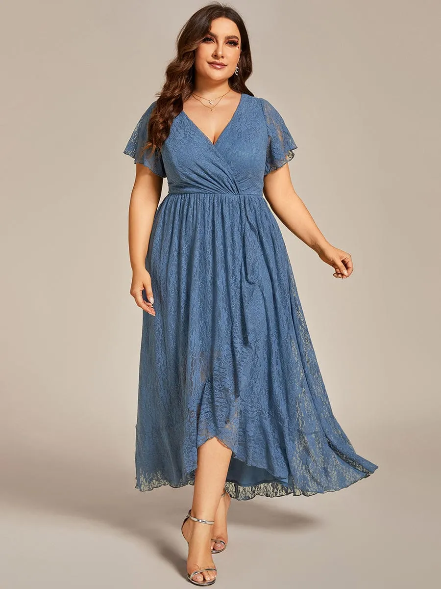 V-Neck Short Sleeve Pleated Ruffled Lace Evening Dress