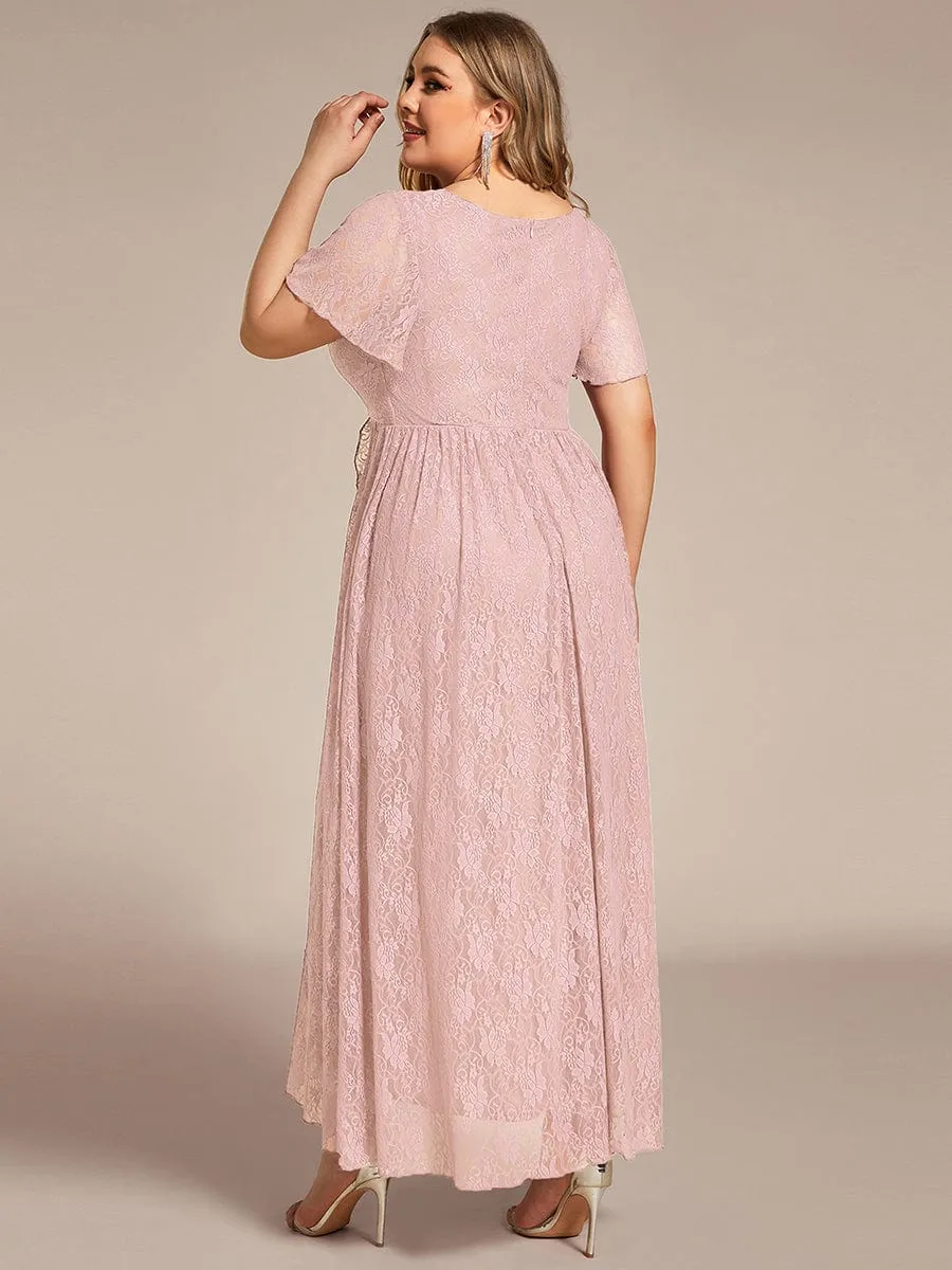 V-Neck Short Sleeve Pleated Ruffled Lace Evening Dress