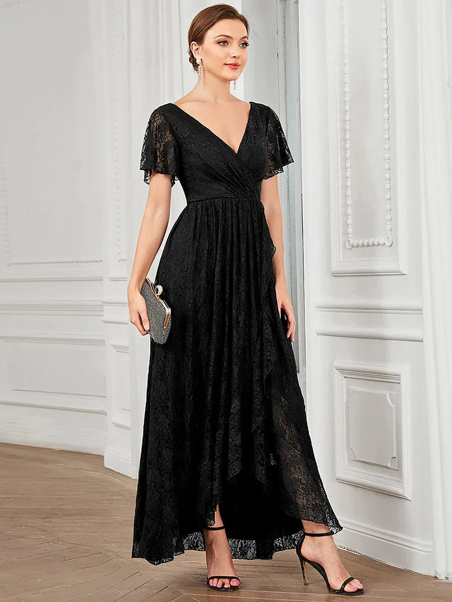 V-Neck Short Sleeve Pleated Ruffled Lace Evening Dress