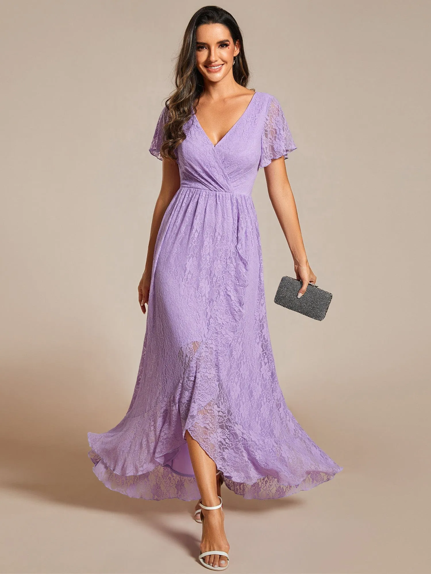 V-Neck Short Sleeve Pleated Ruffled Lace Evening Dress