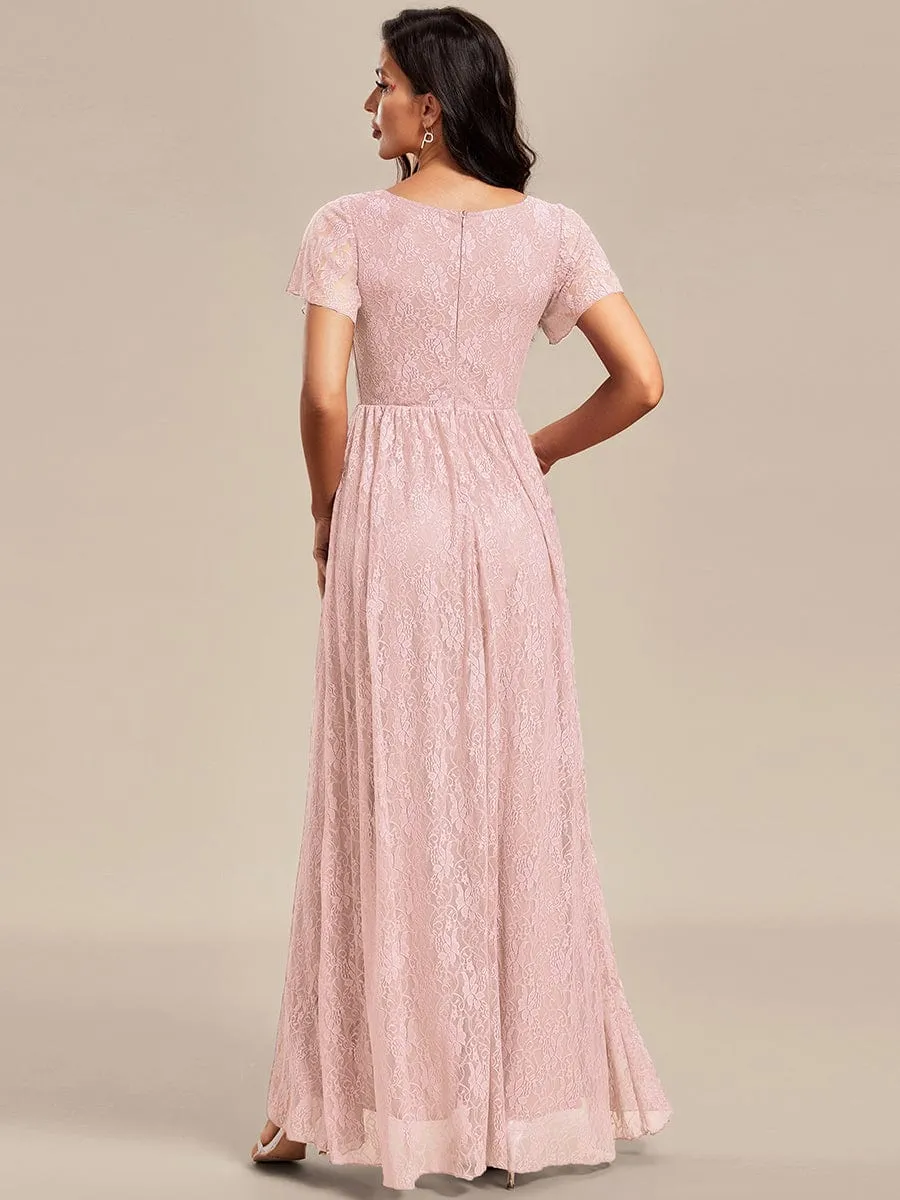V-Neck Short Sleeve Pleated Ruffled Lace Evening Dress