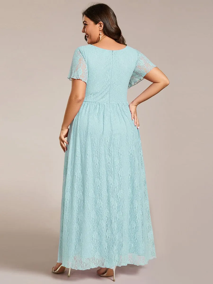 V-Neck Short Sleeve Pleated Ruffled Lace Evening Dress