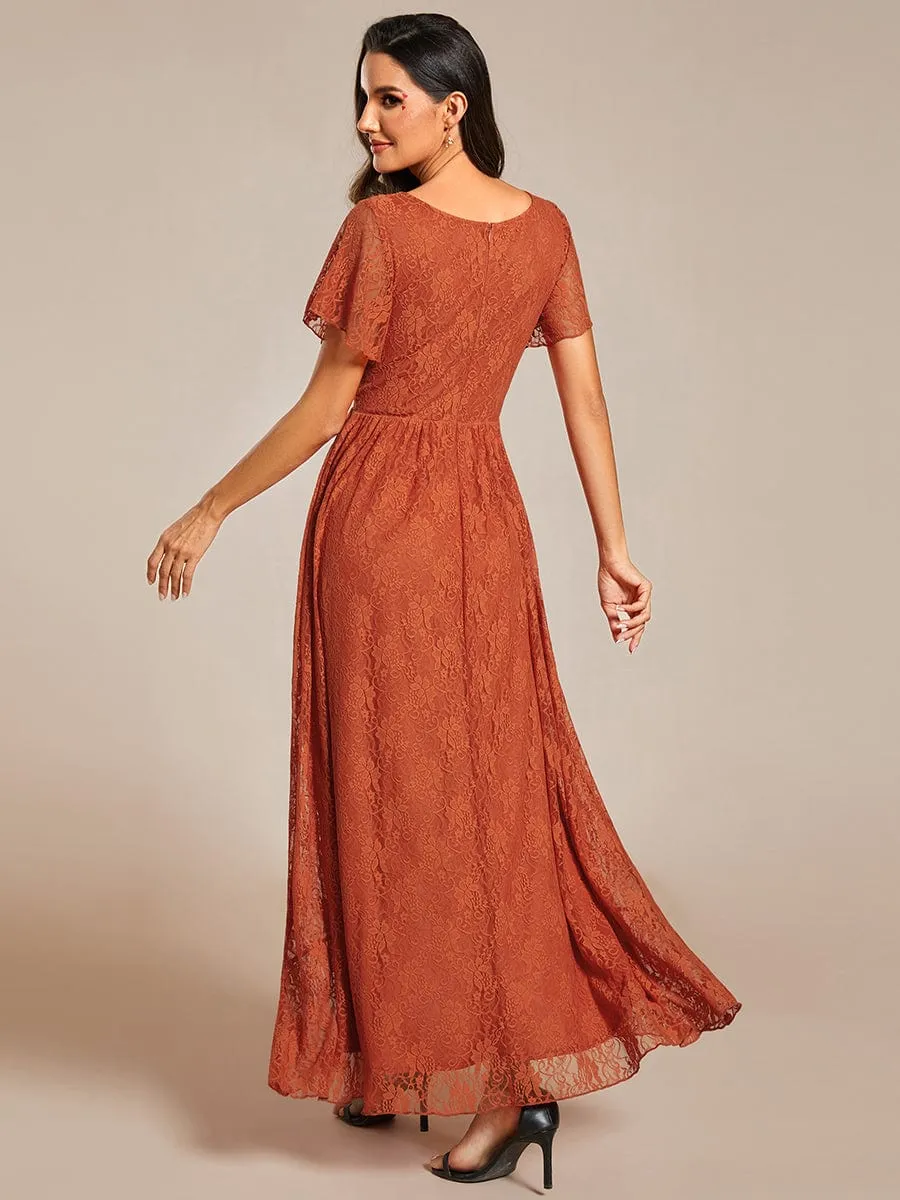 V-Neck Short Sleeve Pleated Ruffled Lace Evening Dress