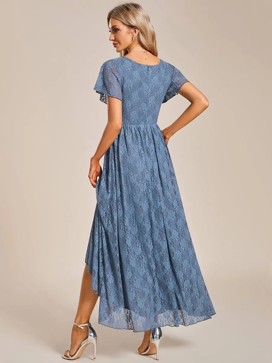 V-Neck Short Sleeve Pleated Ruffled Lace Evening Dress