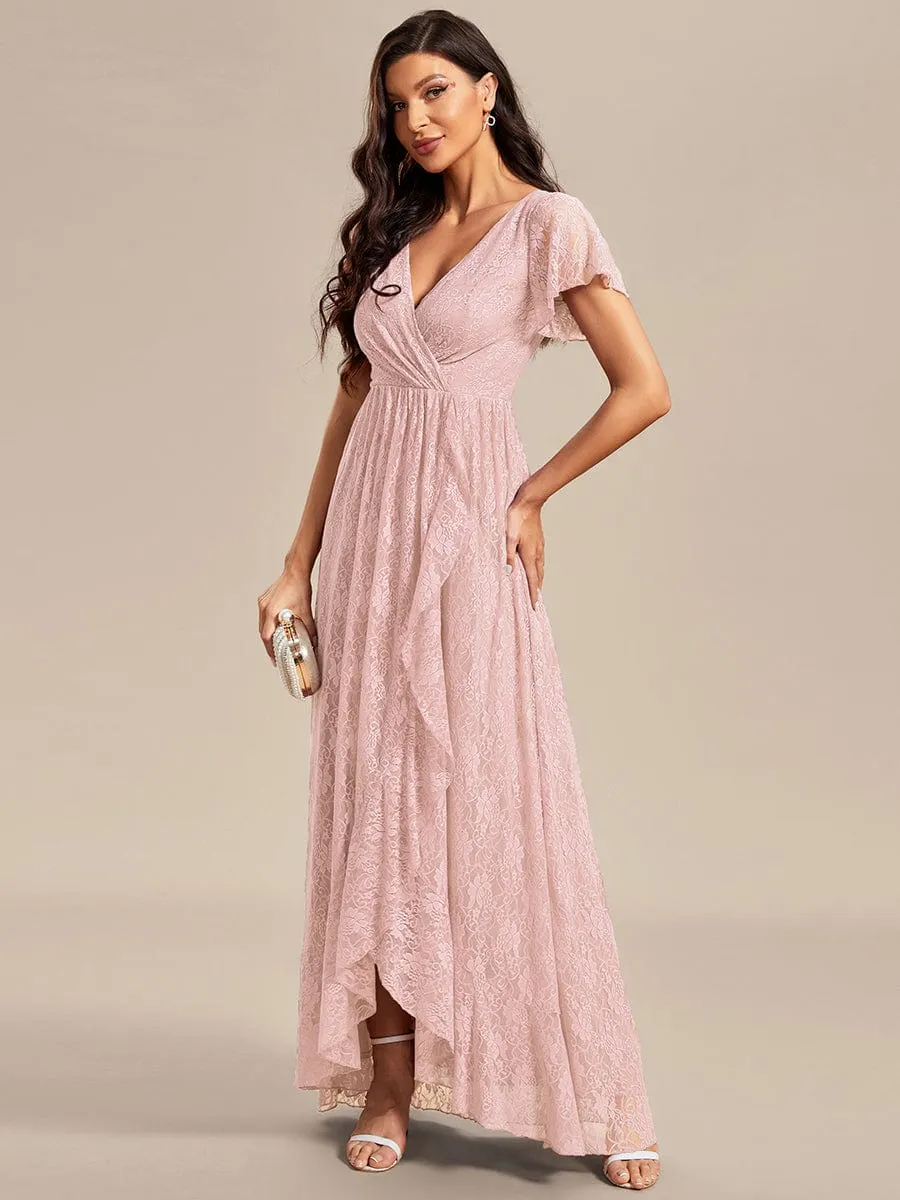 V-Neck Short Sleeve Pleated Ruffled Lace Evening Dress