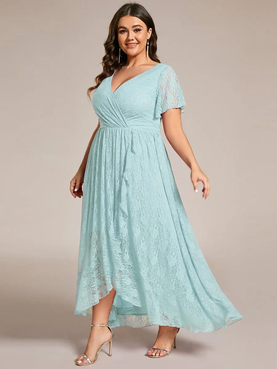 V-Neck Short Sleeve Pleated Ruffled Lace Evening Dress