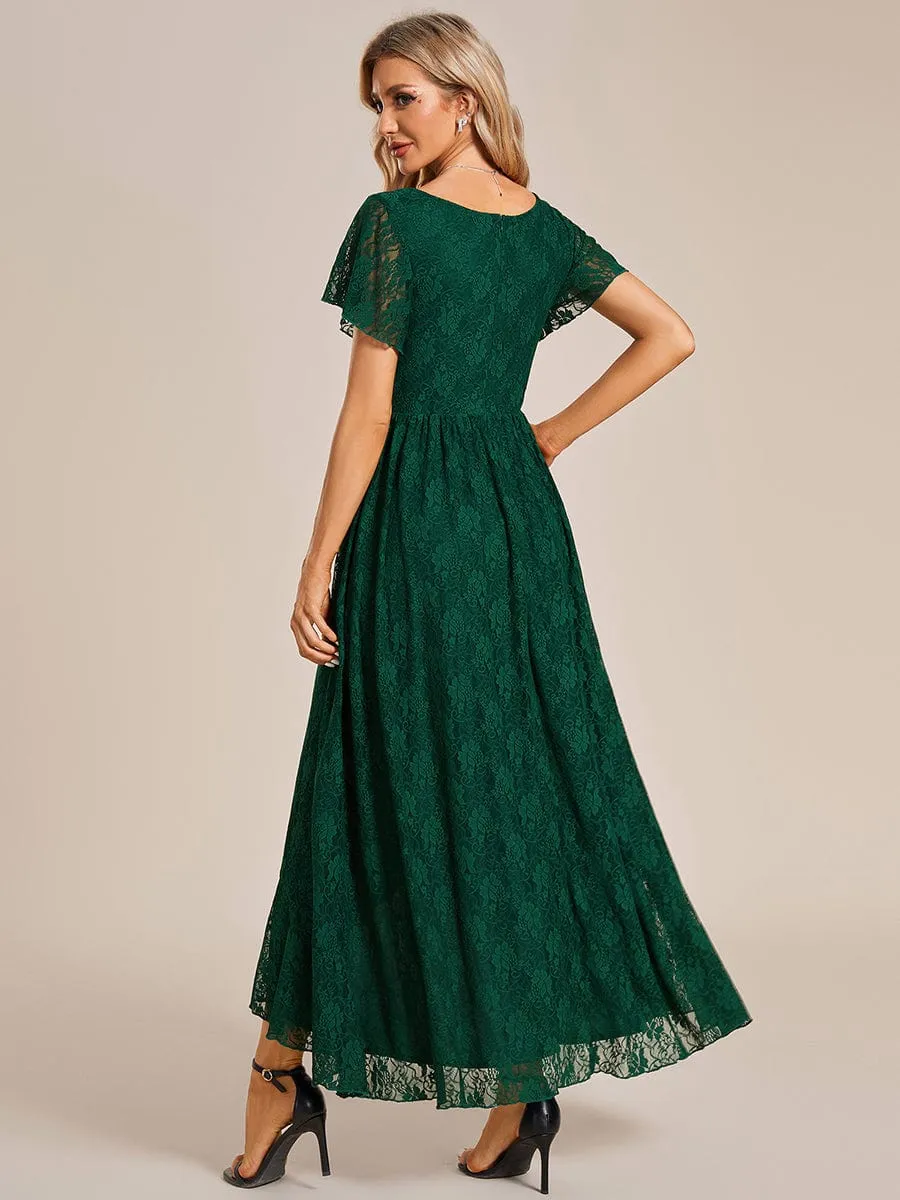 V-Neck Short Sleeve Pleated Ruffled Lace Evening Dress