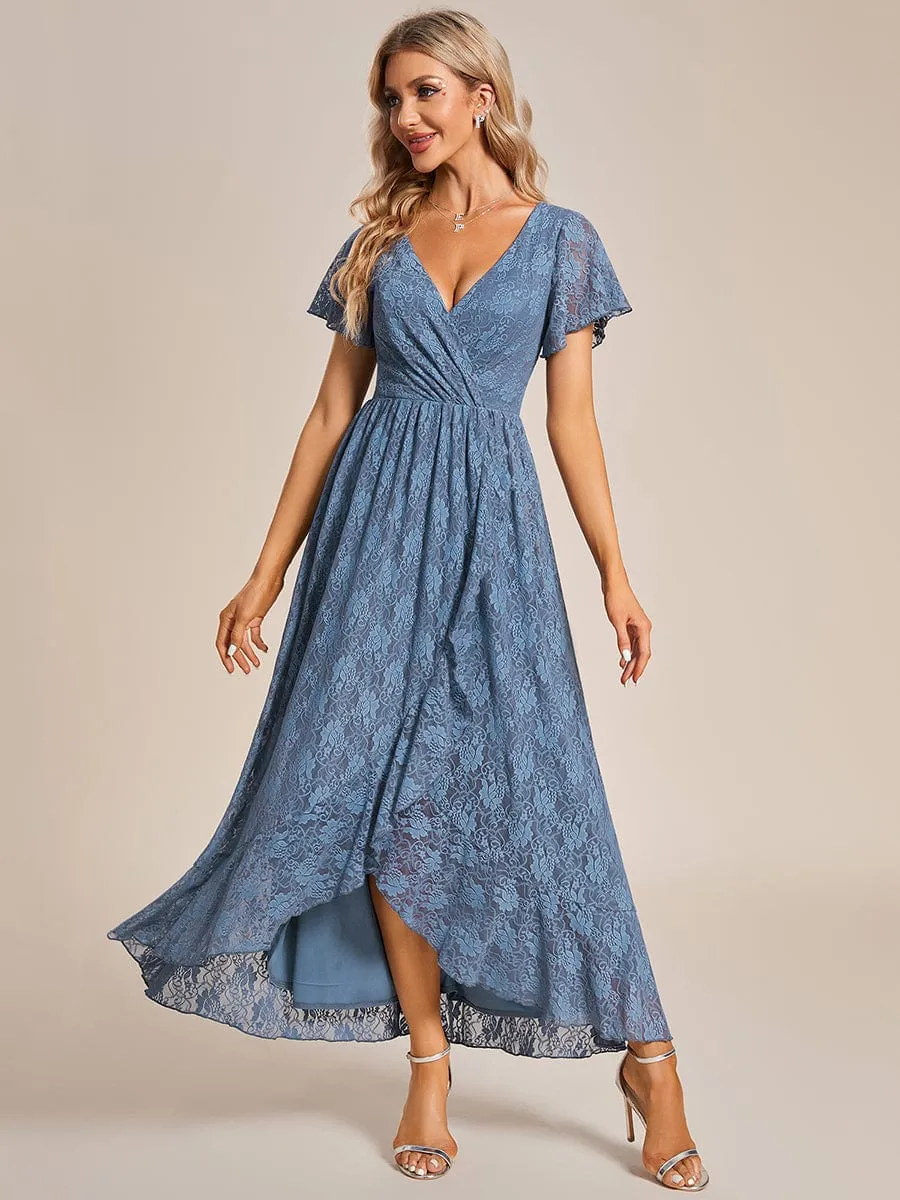 V-Neck Short Sleeve Pleated Ruffled Lace Evening Dress