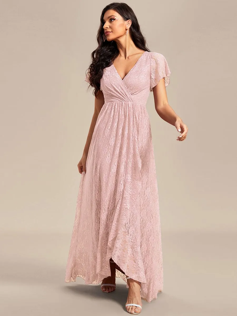 V-Neck Short Sleeve Pleated Ruffled Lace Evening Dress