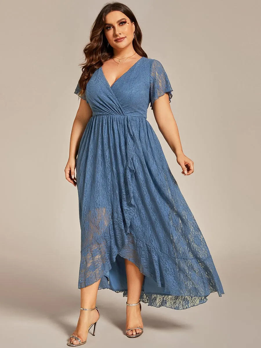V-Neck Short Sleeve Pleated Ruffled Lace Evening Dress