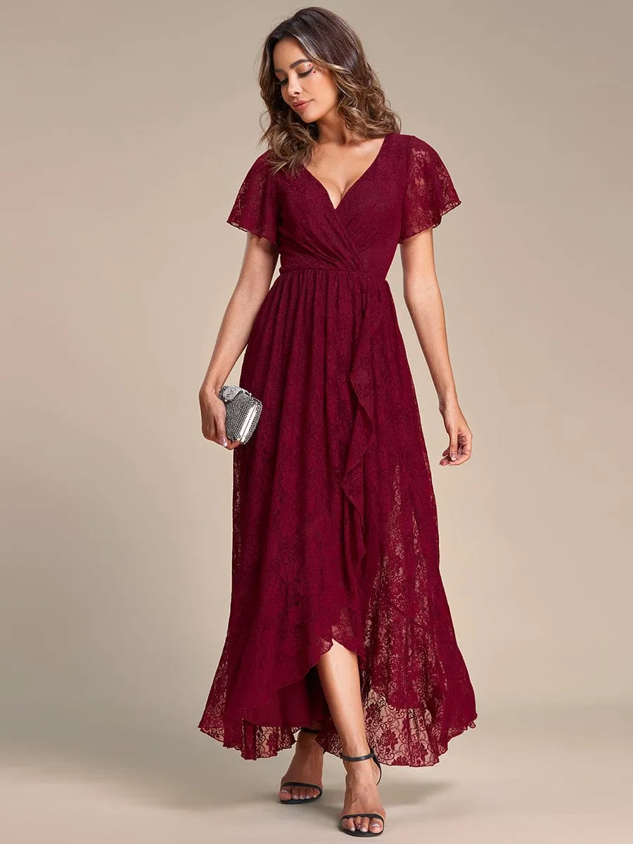 V-Neck Short Sleeve Pleated Ruffled Lace Evening Dress