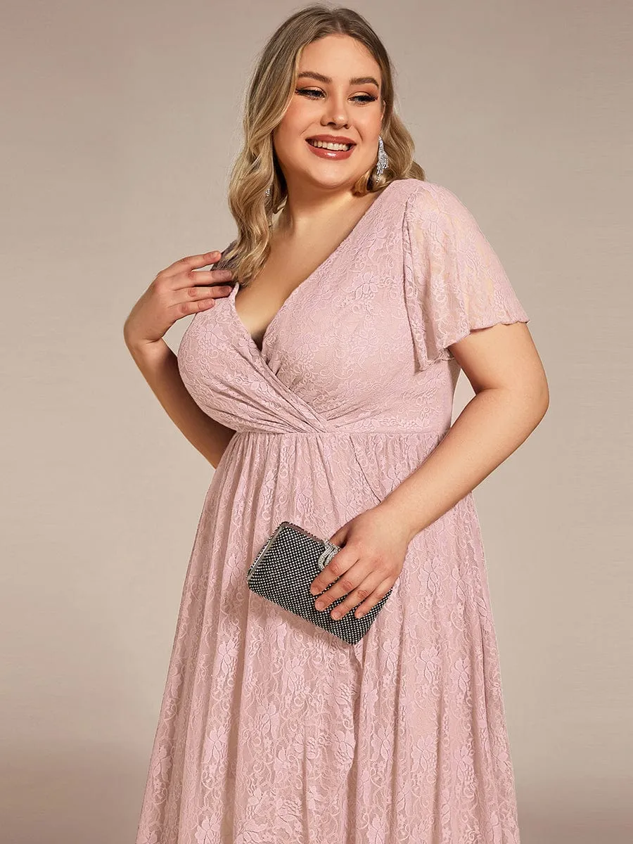 V-Neck Short Sleeve Pleated Ruffled Lace Evening Dress