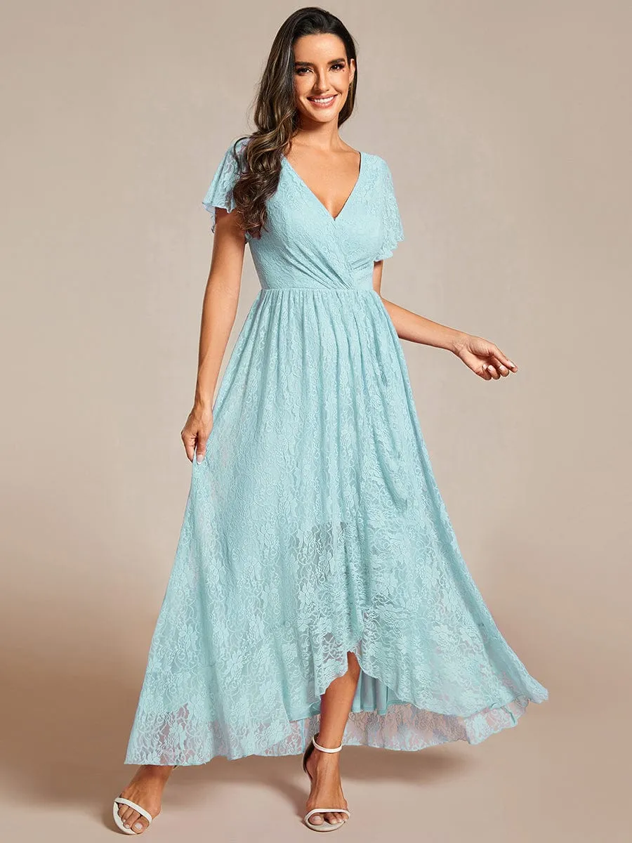 V-Neck Short Sleeve Pleated Ruffled Lace Evening Dress
