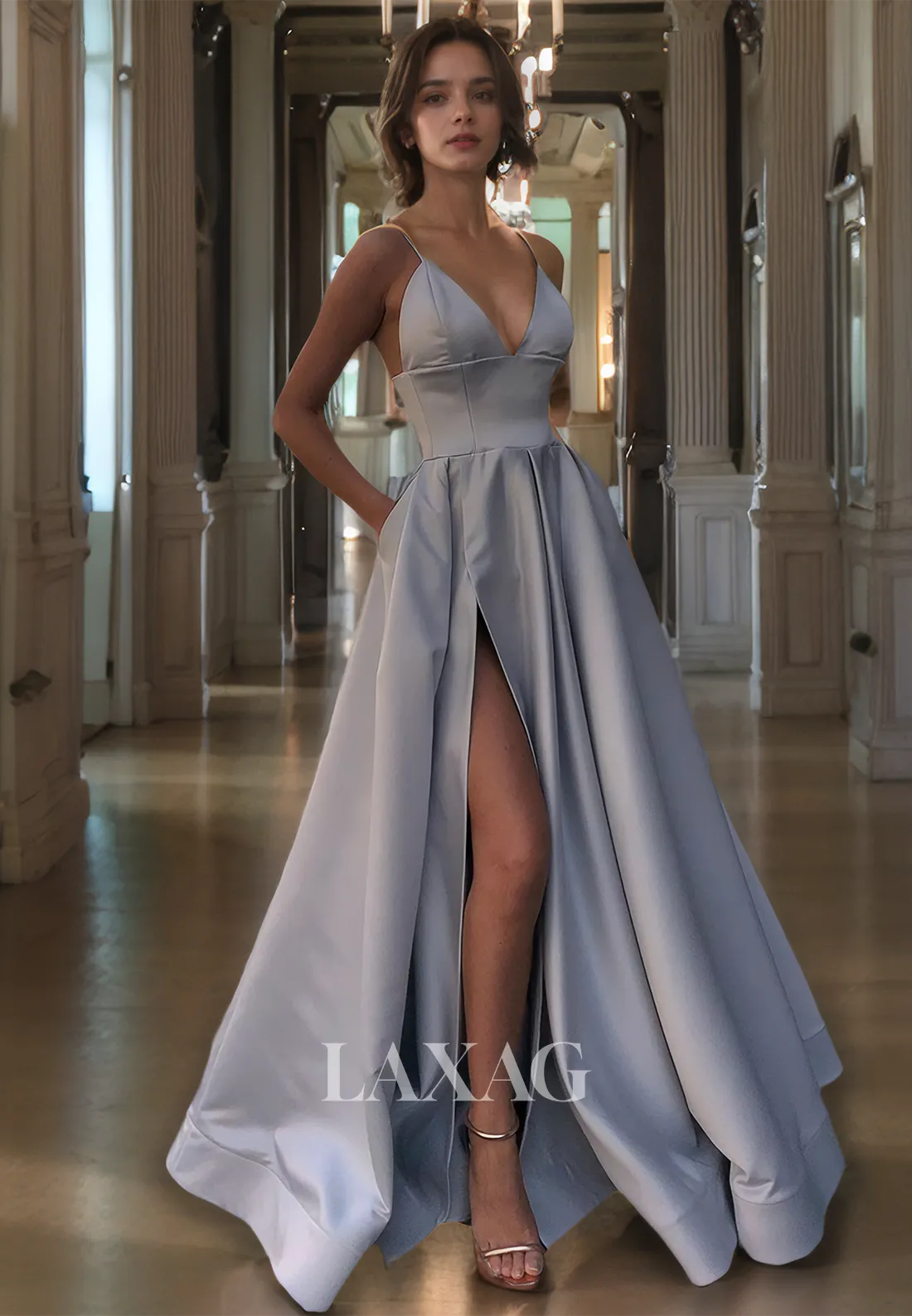 V-Neck Simple Elegant Long Formal Prom Dress Spaghetti Straps A-Line Party Dress with Pockets