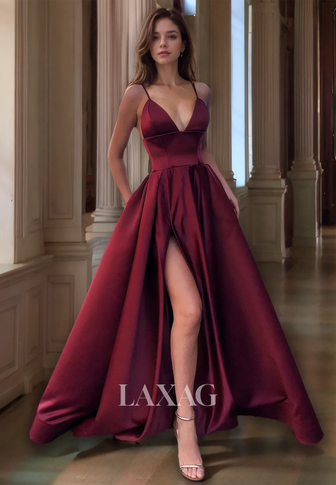 V-Neck Simple Elegant Long Formal Prom Dress Spaghetti Straps A-Line Party Dress with Pockets
