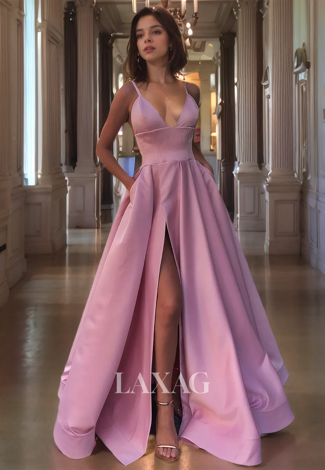 V-Neck Simple Elegant Long Formal Prom Dress Spaghetti Straps A-Line Party Dress with Pockets