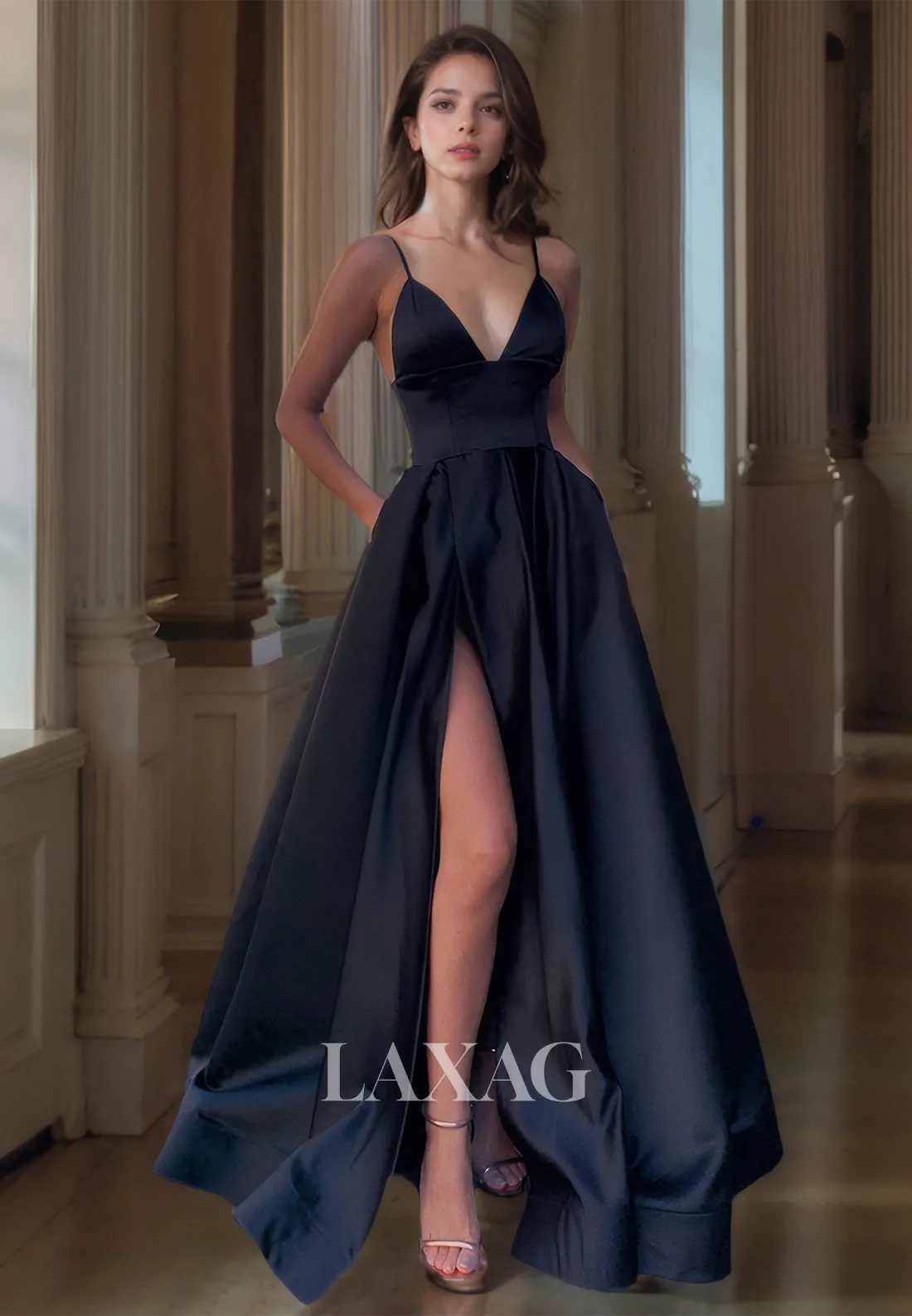 V-Neck Simple Elegant Long Formal Prom Dress Spaghetti Straps A-Line Party Dress with Pockets