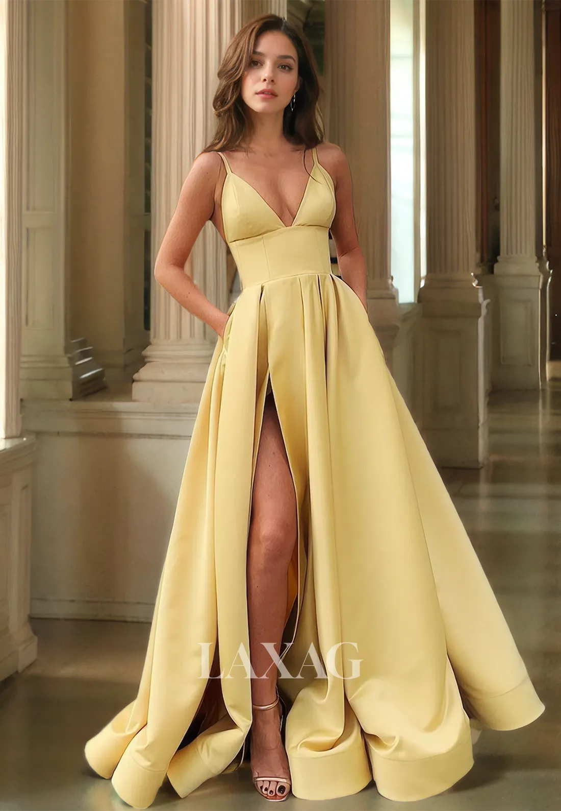V-Neck Simple Elegant Long Formal Prom Dress Spaghetti Straps A-Line Party Dress with Pockets